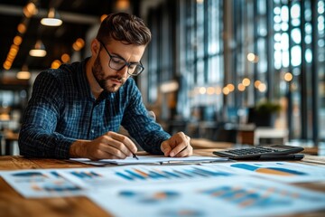 Poster - Man analyzes business charts and graphs while working in a modern office environment during daylight hours