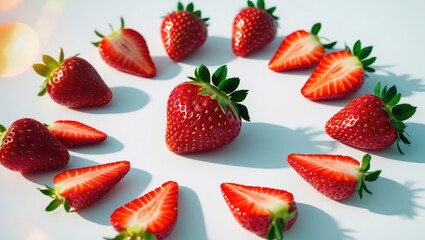 Aufkleber - Cut strawberries on a white background viewed from above.