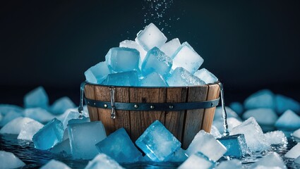 Poster - Pile of crushed ice cubes in a wooden bucket set against a dark background with space for text. Crushed ice cubes in the foreground for drinks.