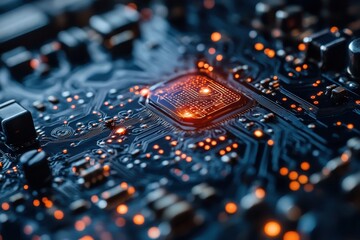 Poster - Detailed close-up of a computer circuit board showcasing intricate designs and glowing components during a late-night tech session