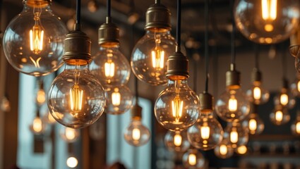 Poster - Beautiful and cozy luxury light lamp. Vintage and minimalistic decor. Retro ambiance. Numerous vintage light bulbs hanging from the ceiling. Soft focus.