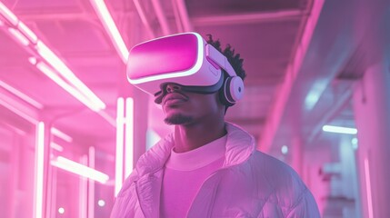 Aufkleber - Man in a VR headset in a neon-lit room.