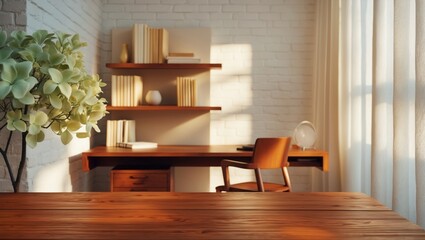 Poster - Cropped view of a wooden table featuring space for text