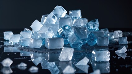 Poster - pile of assorted ice cubes on reflective table against black background