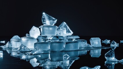 Poster - pile of various ice cubes on reflective table against black backdrop