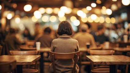 Poster - Coffee shop with people seated at tables and a bokeh background featuring a blurred effect.