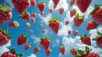 Aufkleber - The arrangement of strawberries against a backdrop. Fresh natural strawberry isolated. Strawberry suspended in the air. Descending from the sky.