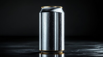 Poster - A shiny aluminum can stands on a dark surface, adorned with water droplets that emphasize its reflective surface. The scene highlights the can's modern design in low lighting.