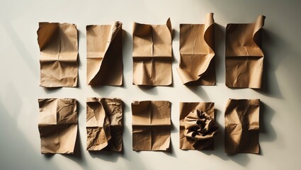 Poster - Collection of Recycled Paper, Crumpled Paper, and Unfolded Paper Pieces on a White Background