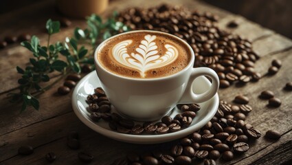 Poster - Cup of coffee with cappuccino art, served on a tray with coffee beans.
