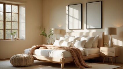 Poster - Cozy bed with soft linens in bright room