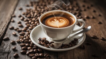 Poster - Coffee cup and coffee beans. Blank space available. Espresso or Americano served in a cup.