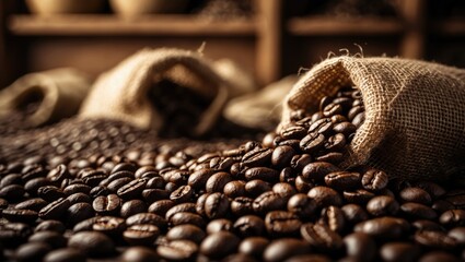 Poster - Coffee beans in sacks. Background of fresh coffee beans.