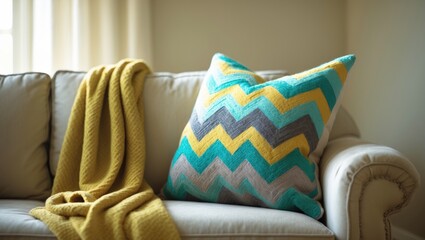 Aufkleber - Cozy sofa with a pillow and plaid positioned against the wall. Concept for living room interior design.