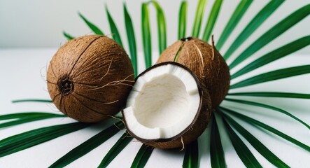 Poster - Coconut with half and leaves against a white background.
