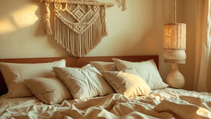 Aufkleber - Cozy bed with neutral bedding and cushions.