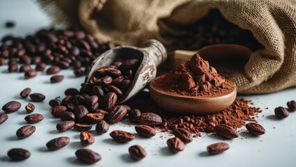 Poster - Cocoa beans in a bag with cocoa powder in a scoop isolated against a white backdrop.