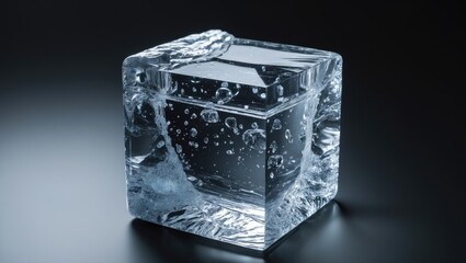 Aufkleber - Crystal clear frosty textured natural ice cube featuring cracks on a reflective surface.