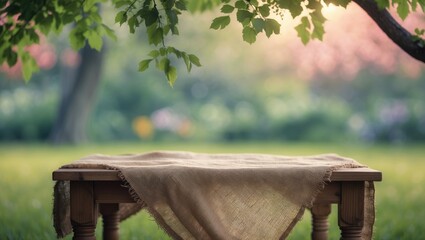 Aufkleber - Nature backdrop with wooden table for product display template, vacant wooden table and sack tablecloth over blurred green trees in a park, garden outdoors featuring bokeh light background.