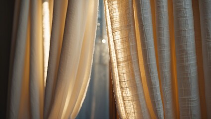 Aufkleber - Cream-colored curtains drape gracefully, highlighting a delicate textured weave. Gentle light seeps through, fostering a tranquil ambiance.