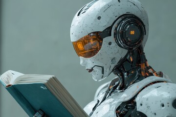 Poster - Robot reading a book in a futuristic environment while showcasing advanced technology and design at an innovative facility