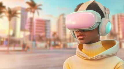 Aufkleber - Black woman explores neon digital world with VR headset, futuristic.