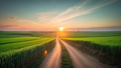 Poster - Country road and lush wheat fields in natural scenery at sunset.