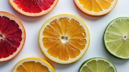 Poster - Colorful slices of citrus fruits on a white background, viewed from above.