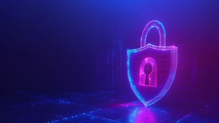 Poster - futuristic digital lock shield with neon lights and matrix background for cybersecurity and protecti