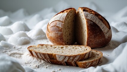 Poster - Cut rye round bread separated on a white background.