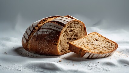 Poster - Cut rye round bread on a white background.