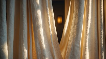 Aufkleber - Cream-colored curtains drape gracefully, displaying a subtle textured weave. Gentle light filters in, producing a tranquil ambiance.