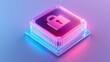 © Tackey - Futuristic microchip with padlock symbol representing encryption and cybersecurity technology in neon colors