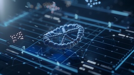 Poster - A high-tech medical research interface displaying a biotechnology network, floating augmented reality icons representing genetic engineering, nanotechnology, and bioinformatics