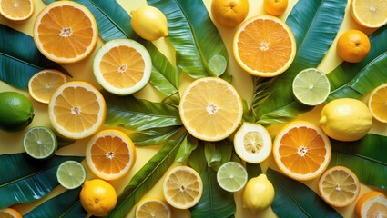 Aufkleber - Creative background of tropical fruits arranged with leaves on a pastel yellow backdrop. Food concept. Flat lay, top view, copy space.