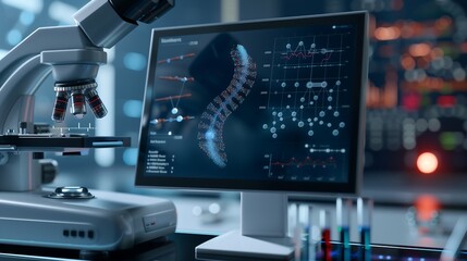 Poster - A high-tech medical research interface displaying a biotechnology network, floating augmented reality icons representing genetic engineering, nanotechnology, and bioinformatics