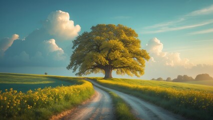Poster - Country road and fields set against the blue backdrop.