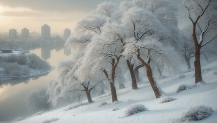 Poster - A winter scene showcases a grove of snow-covered trees beside reflective water, with a cityscape featuring buildings of various heights in the distance. The image captures a harmonious blend of nat...