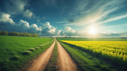 Poster - Country road and green farmland scenery during the spring season.