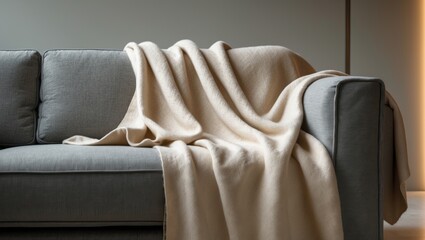 Aufkleber - Cozy Neutral Throw Blanket Laid Over a Contemporary Sofa.
