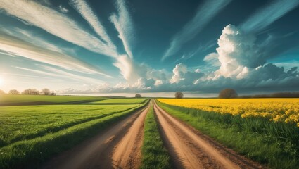 Poster - Country road and green farmland scenery during springtime
