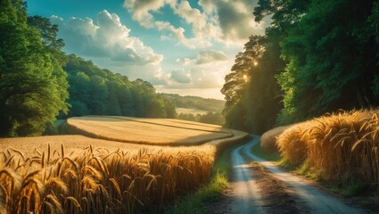 Leinwandbilder - Country road alongside the forest by a barley field. Stunning summer scenery.