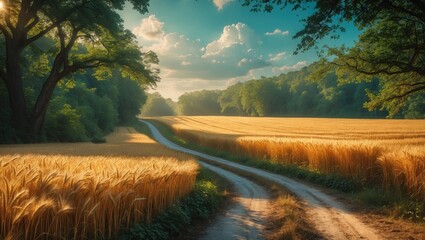 Leinwandbilder - Country road beside the forest at the edge of a barley field. Gorgeous summer scenery.