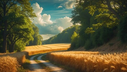 Leinwandbilder - Country road beside the forest at the edge of a barley field. Gorgeous summer scenery.