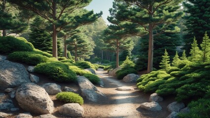 Poster - Coniferous forest trail. Isolated cutout trees on a white background. Forest landscape featuring trees and shrubs among the rocks.