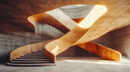 Poster - Modern Wooden Spiral Staircase in Concrete Building