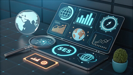 Fototapete - futuristic digital marketing setup with glowing graphs, charts, and globe on laptop screen, symbolizing SEO and analytics. magnifying glass and small plant add detail