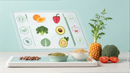 Poster - futuristic holographic interface displays various plant based foods, including avocado, broccoli, and pineapple, alongside digital tablet and fresh ingredients