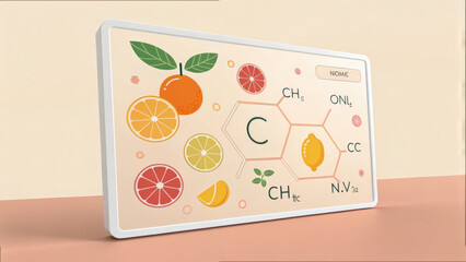 Poster - digital display showcases colorful illustration of citrus fruits and vitamin C molecular structure, emphasizing health and nutrition. design is vibrant and educational