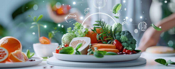 Poster - vibrant display of fresh fruits and vegetables is enhanced by digital holograms analyzing micronutrient levels, symbolizing fusion of technology and nutrition